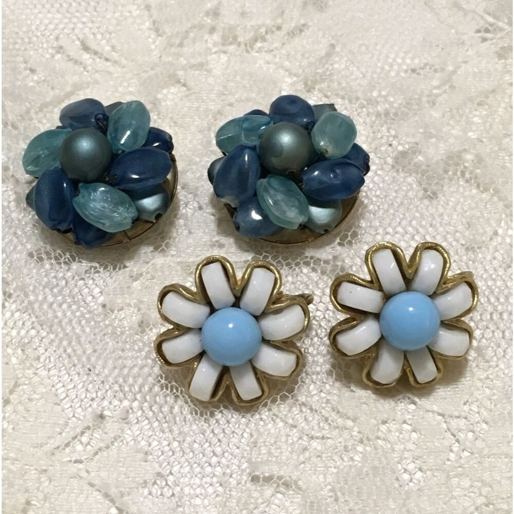 Vintage Clip On Earrings Blue Milk Glass and Blue Bead Hong Kong Lot of 2